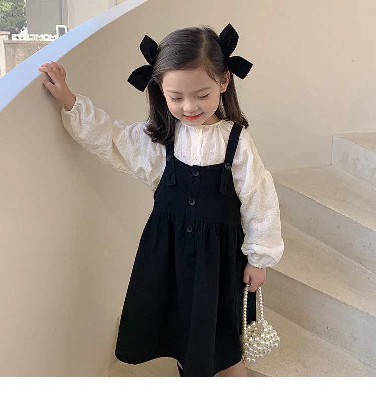 deanwangkt Girls spring fashion white blouse and black overalls dress Kids all-match Outfits 2pcs sets - Deanwangkt