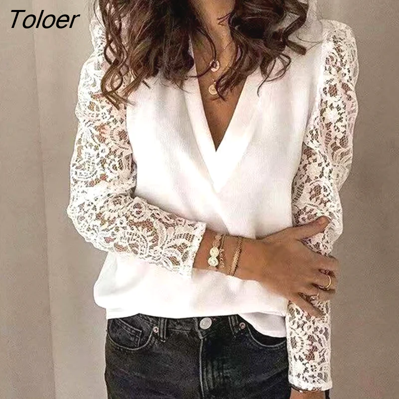 deanwangkt Patchwork Lace Sleeve Women Blouse Vintage V Neck Loose Female Shirts White Long Sleeve Blouses Tops Women Clothes 19040 - Deanwangkt