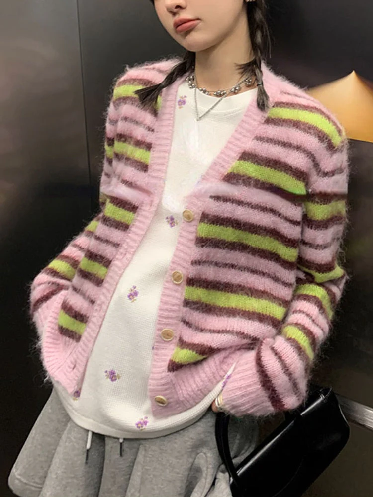 deanwangkt  Autumn Faux Fure Knitted Cardigan Women Casual Long Sleeve Button Kawaii Clothing Striped Sweater Female Korean Style Tops - Deanwangkt