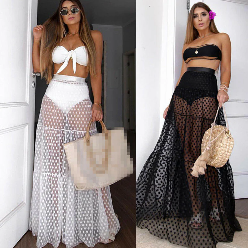 Stylish Women Sexy Skirt High Waist See Though Cover Up Dot Long Skirt Summer Transparent Long Maxi Beach Skirt Swimwear Dress - Deanwangkt