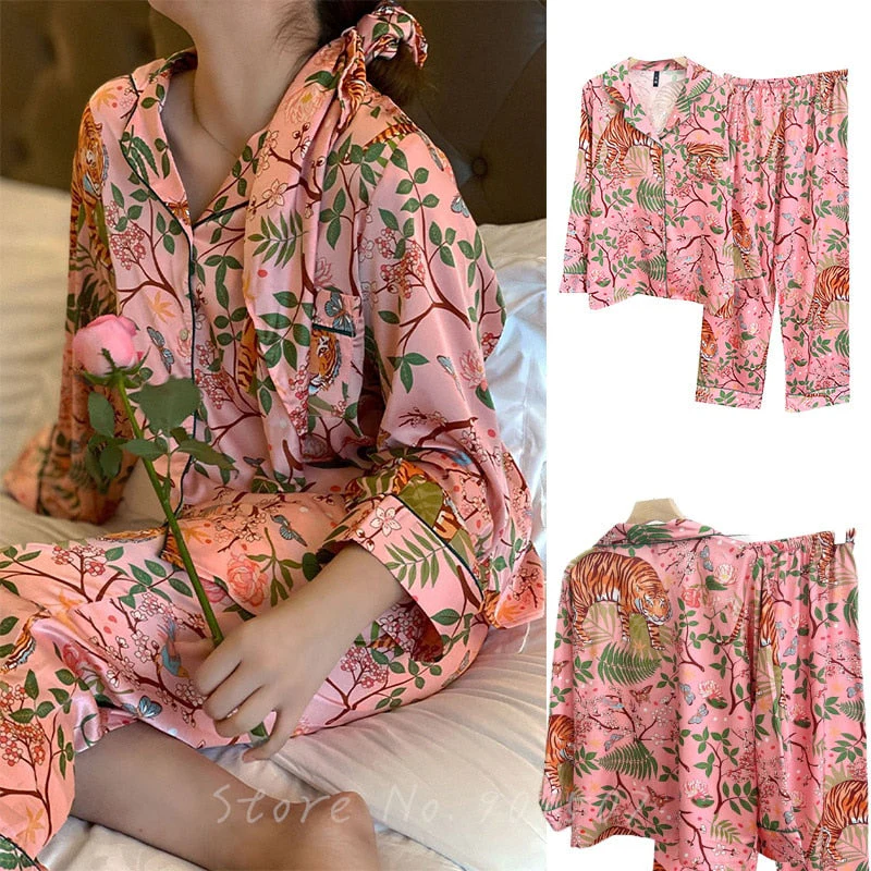 deanwangkt Pink Satin Sleepwear for Women Pajamas Jungle Tiger Print 2Pcs Long Shirt Pants Pyjamas Casual Nightwear Spring New Pajamas - Deanwangkt