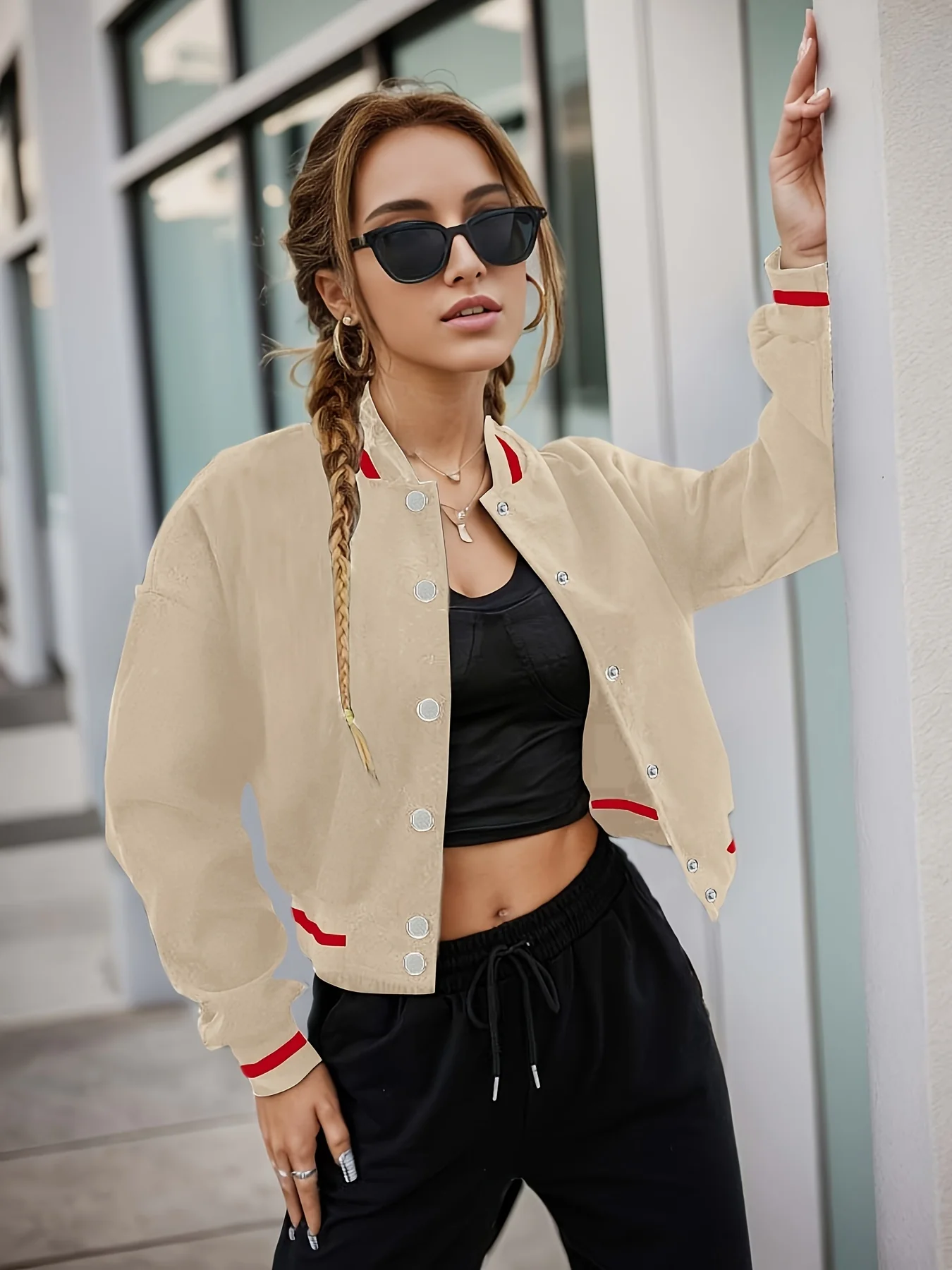 Striped Bomber Jacket, Casual Button Front Long Sleeve Outerwear, Women's Clothing - Deanwangkt