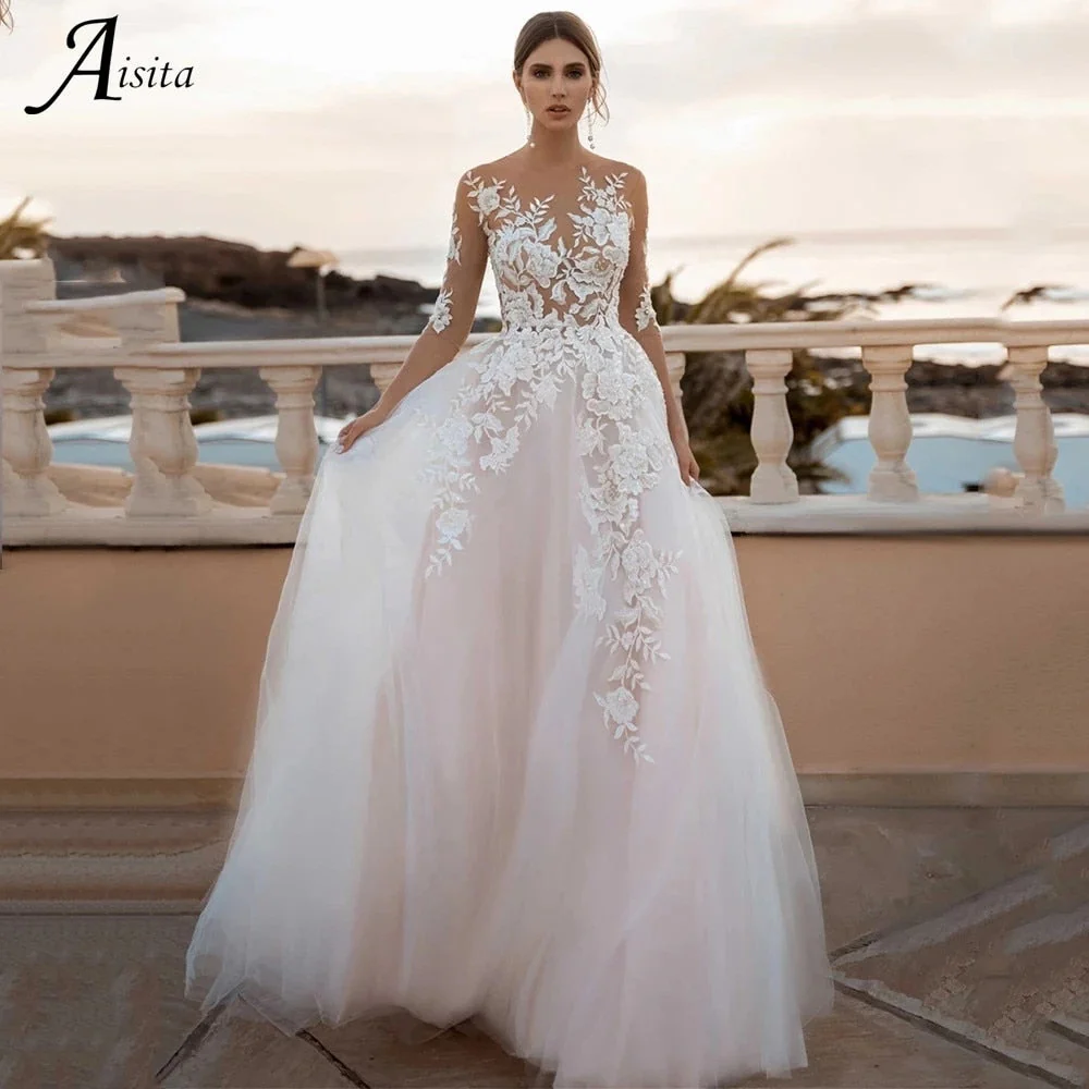 Floral Appliques Wedding Dresses Three Quarter Scoop Neck Backless A-Line Court Train Tulle Bridal Gowns Vestido De Novia - Deanwangkt