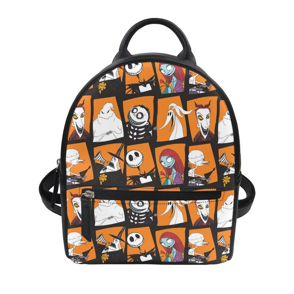 deanwangkt  Nightmare Before Christmas Print Women's Backpack Trend PU Leather Women's Waterproof  Daily Backbags - Deanwangkt