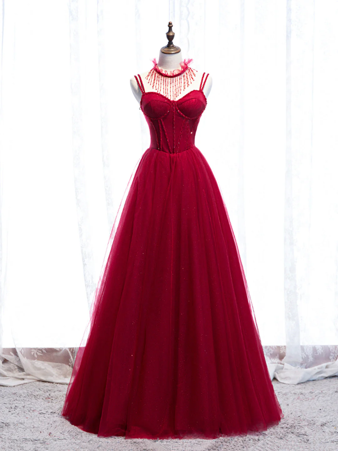 solvbao Red Spaghetti Strap Tulle Party Dress, Red Floor Length Prom Dress - Deanwangkt