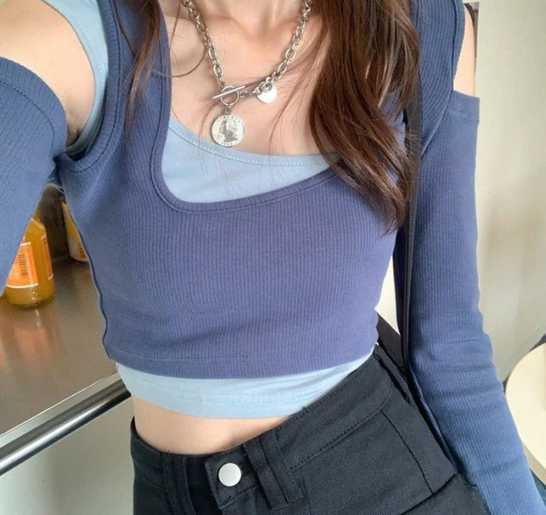 Wenkouban Sexy Patchwork Long Sleeve T-Shirts Women Slim Fit Fashion Crop Tops Hot Girls Irregular Skinny Elegant Casual Off-Shoulder Tees - Deanwangkt