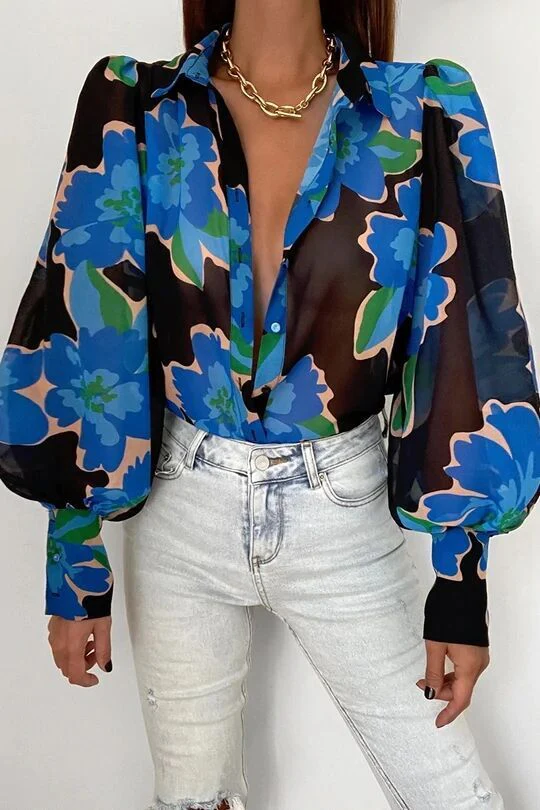deanwangkt Spring Fashion Shirt Women's Blouses Elegant V-neck Print Puff Sleeve Office Shirts Female Summer New Formal Ladies Top - Deanwangkt