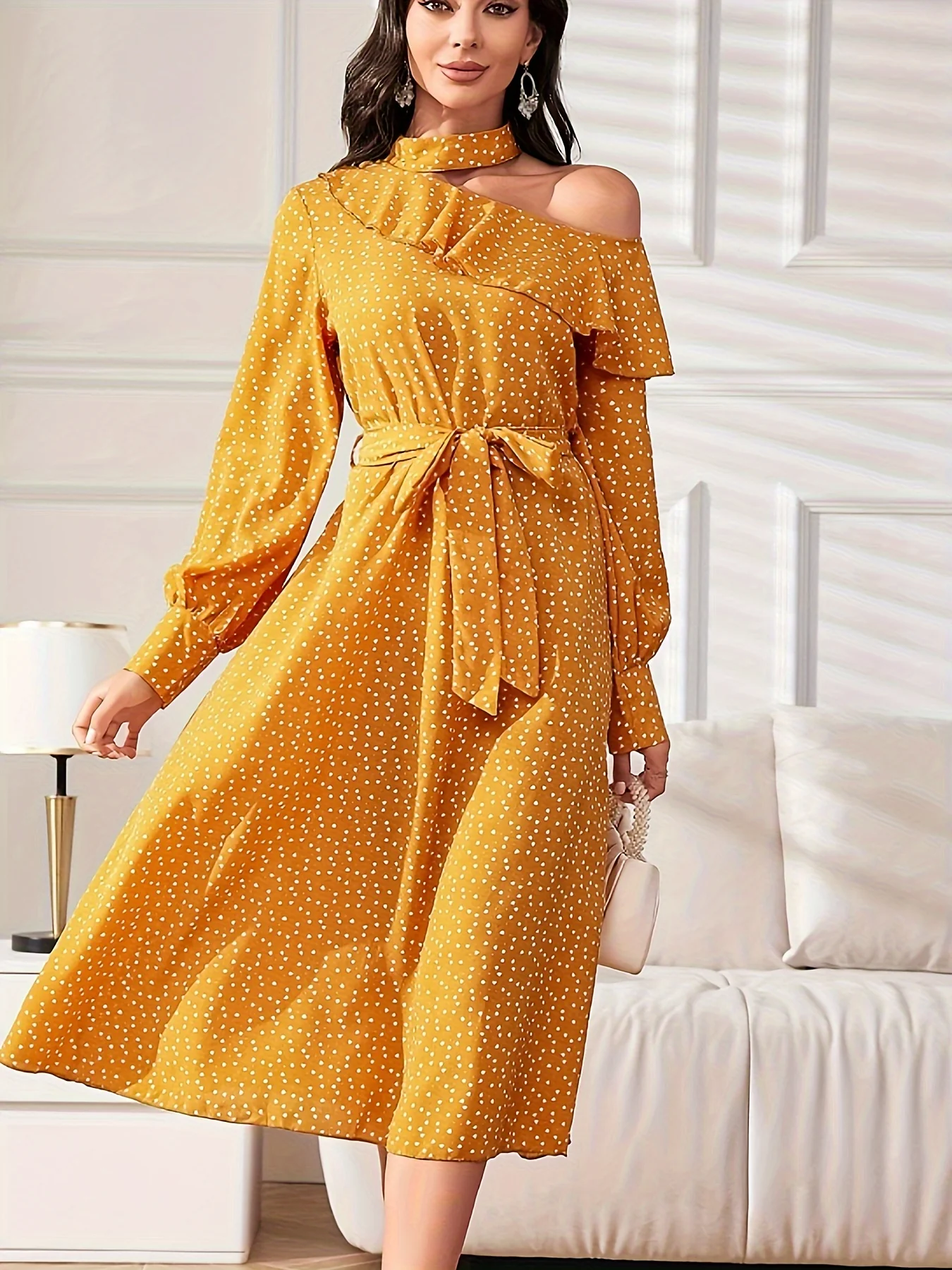 All Over Print One Shoulder Dress, Elegant Long Sleeve Belted Dress, Women's Clothing - Deanwangkt