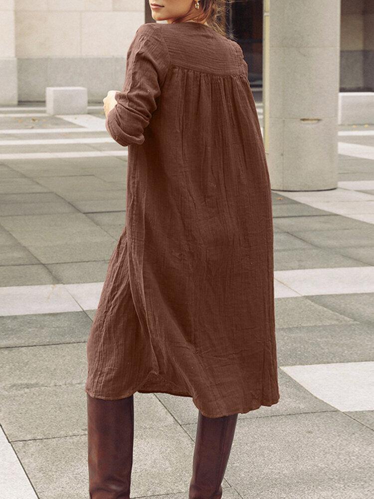 deanwangkt Casual Solid Plain Long Sleeve Button Cotton Shirt Dress - Deanwangkt