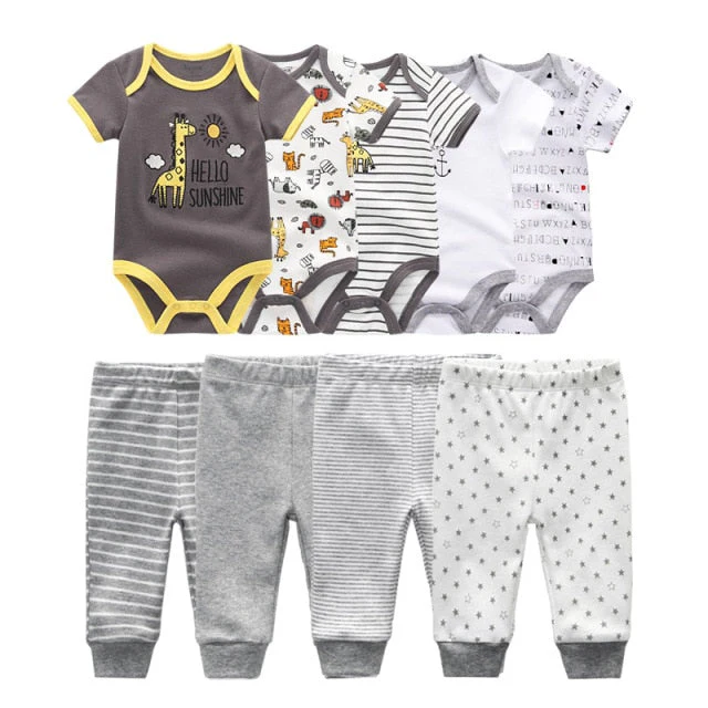 6/9PCS Baby Girl Clothes Newborn Unisex Solid Bodysuits+Pants Cotton Baby Boy Clothes Short Sleeve Girls Baby Clothing Cartoon - Deanwangkt
