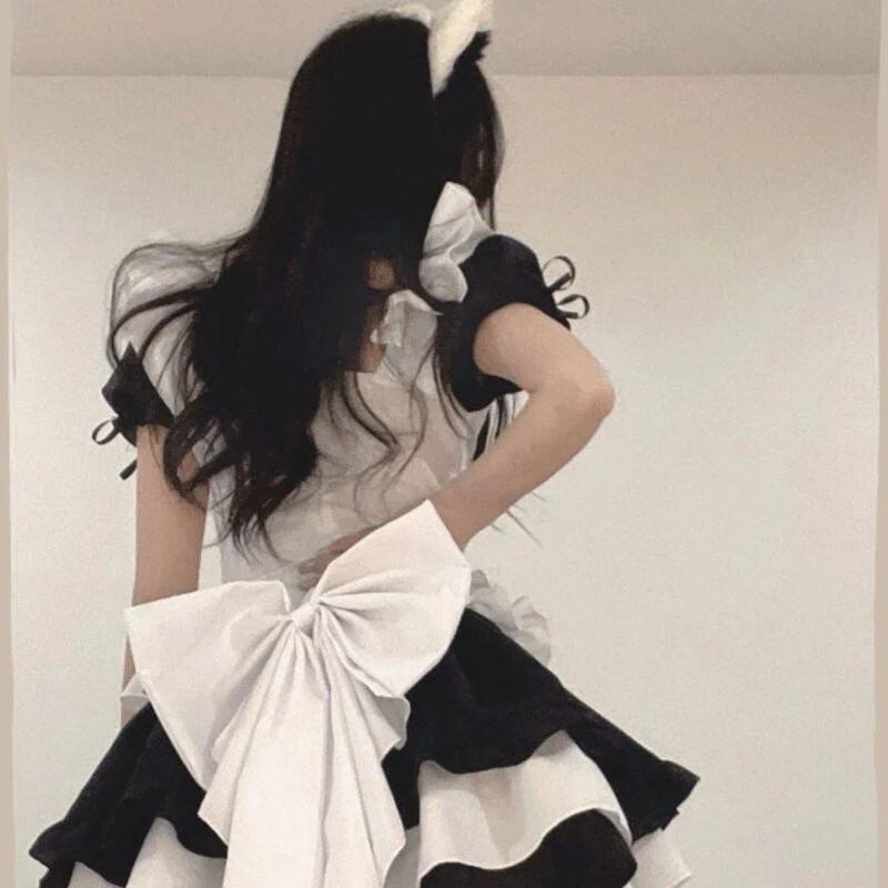 deanwangkt Lolita Dress Black White Kawaii Maid Mini Dresses Summer French Cute Bowknot Cosplay Costume Waitress Party Outfits - Deanwangkt