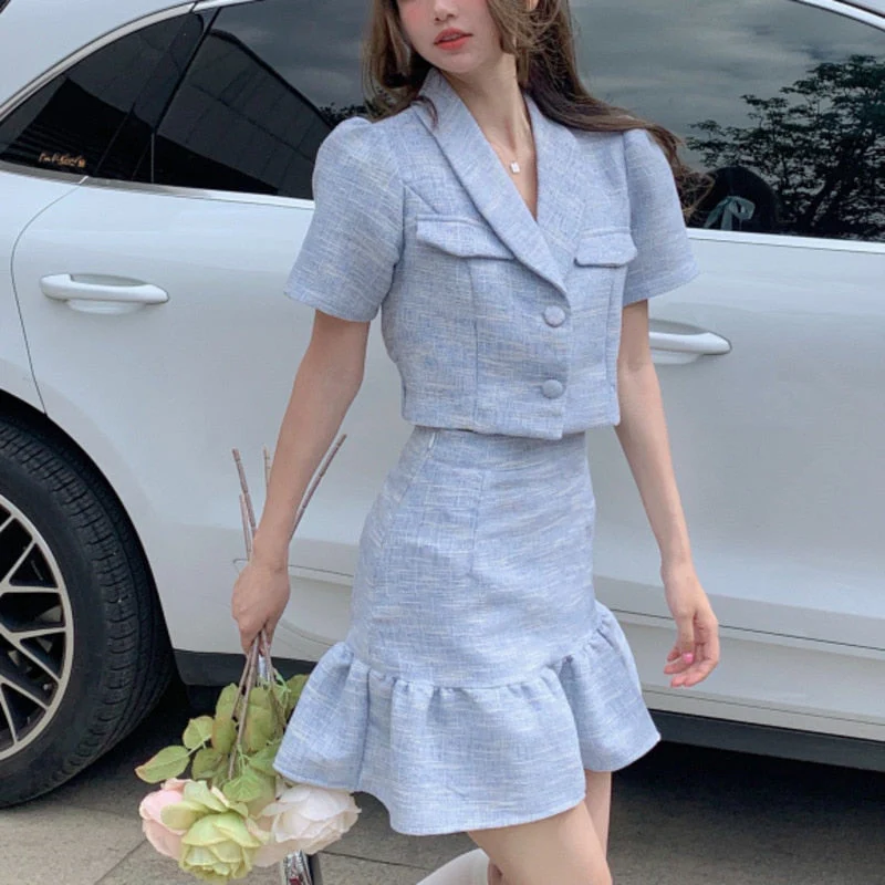 deanwangkt High Quality New Summer Fashion Korean Sweet Elegant 2 Piece Set Women Crop Top Shirt Blouse Mini Skirt Suits Two Piece Outfits - Deanwangkt