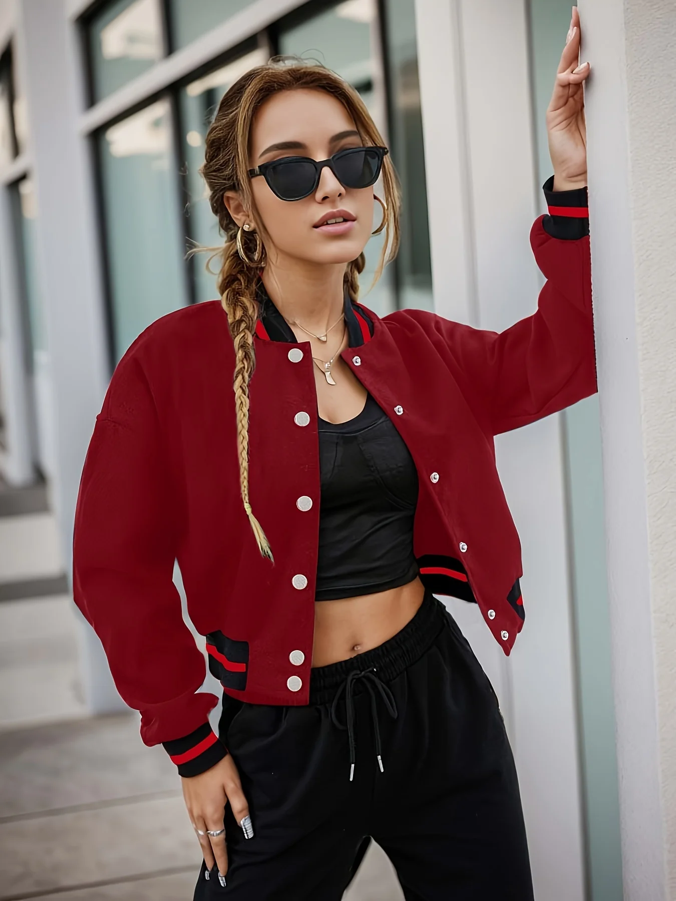 deanwangkt-1 Striped Bomber Jacket, Casual Button Front Long Sleeve Outerwear, Women's Clothing - Deanwangkt