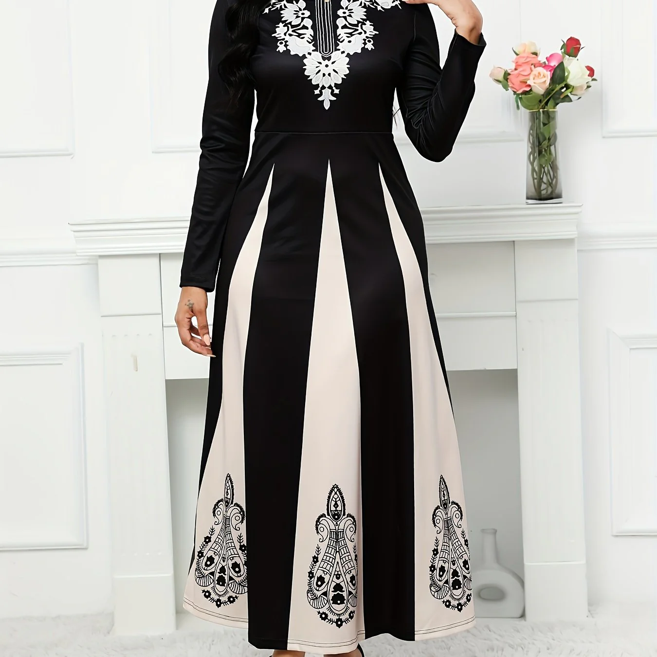 Color Block Maxi Dress, Elegant Crew Neck Long Sleeve Dress, Women's Clothing - Deanwangkt