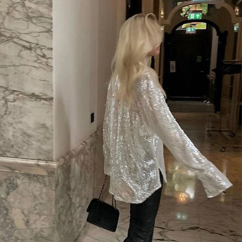 deanwangkt  Autumn And Winter Women's Casual Fish Scale Sparkling Loose Coat Casual Long-Sleeved Women's Fashion Sequined Cardigan Coat - Deanwangkt