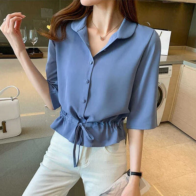 deanwangkt Solid Turn-down Collar Half Sleeve Chiffon Shirt Fashion Casual Shirring Single-breasted Blouses Female 1109-0 - Deanwangkt