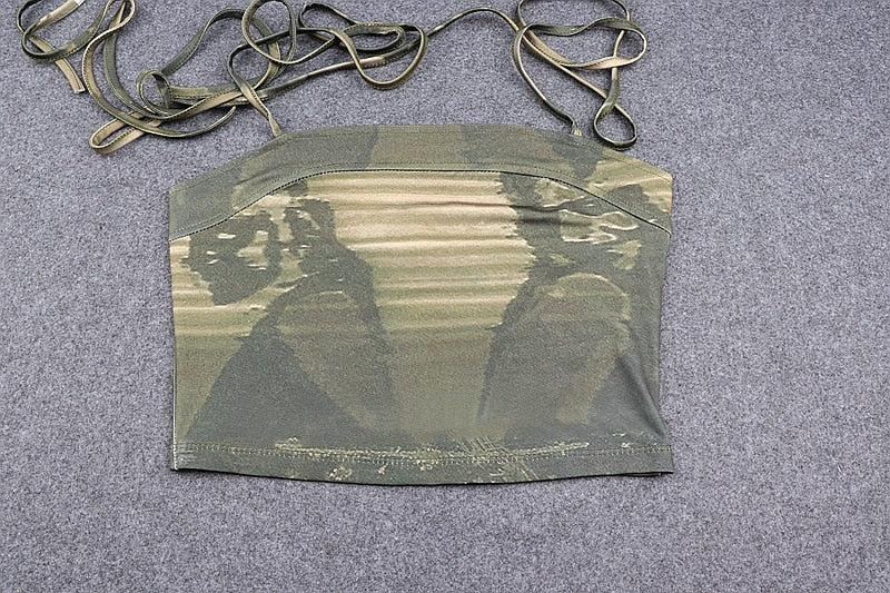 deanwangkt Fashion Print Sleeveless Crop Tops for Women Bandage Sexy Backless Tie Up Halter Top Female Cropped Top Summer - Deanwangkt