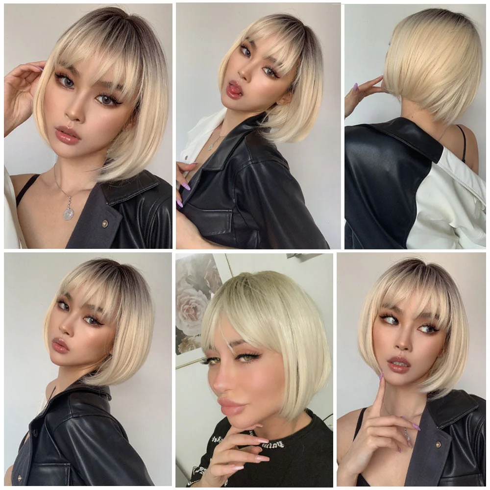 deanwangkt  Short Hair Wig With Bangs Pixie Cut Ombre Black Ash Light Blonde Synthetic Wigs For Women Cosplay Wigs Heat Resistant - Deanwangkt