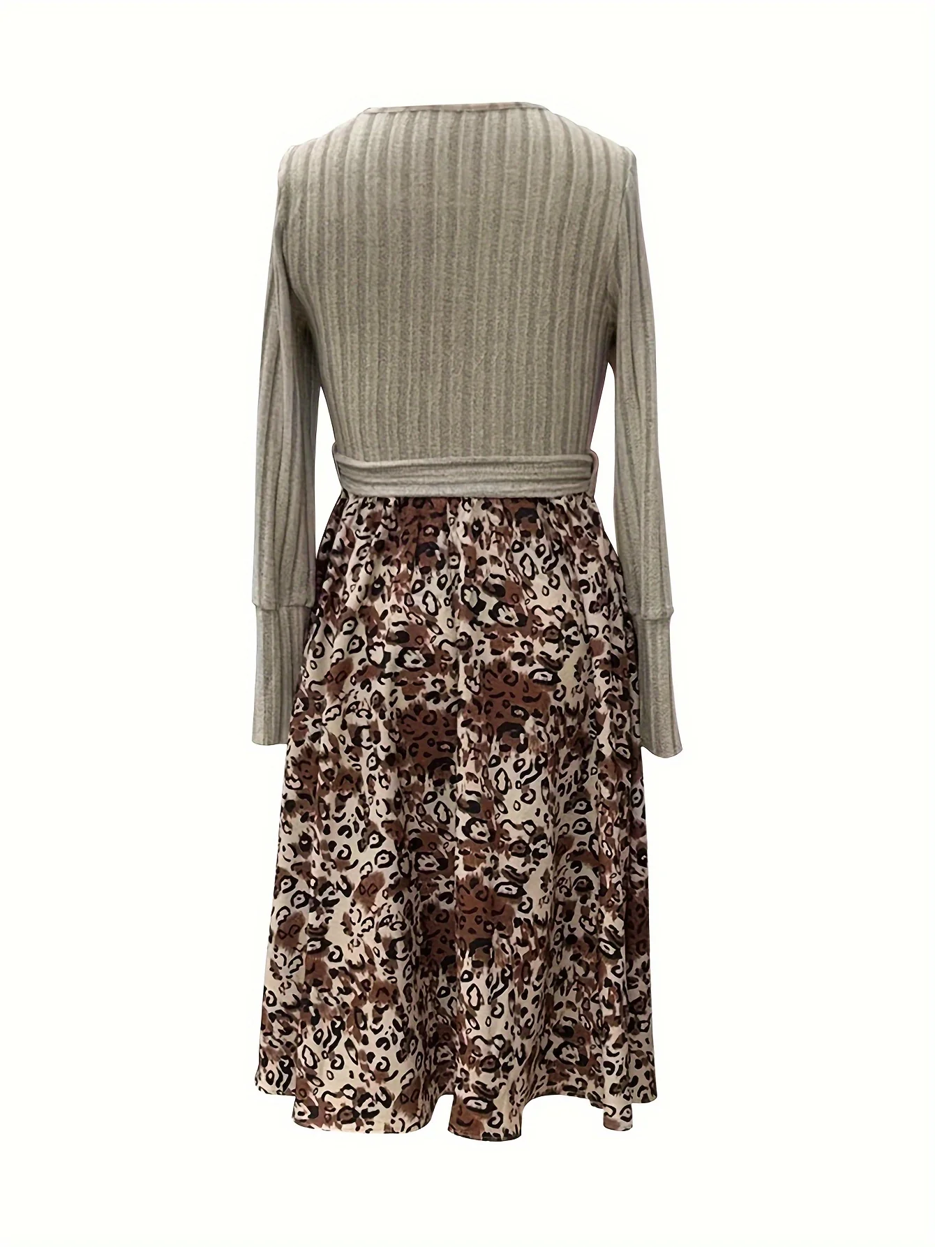 Leopard Print Splicing Dress, Elegant Crew Neck Long Sleeve Dress, Women's Clothing - Deanwangkt