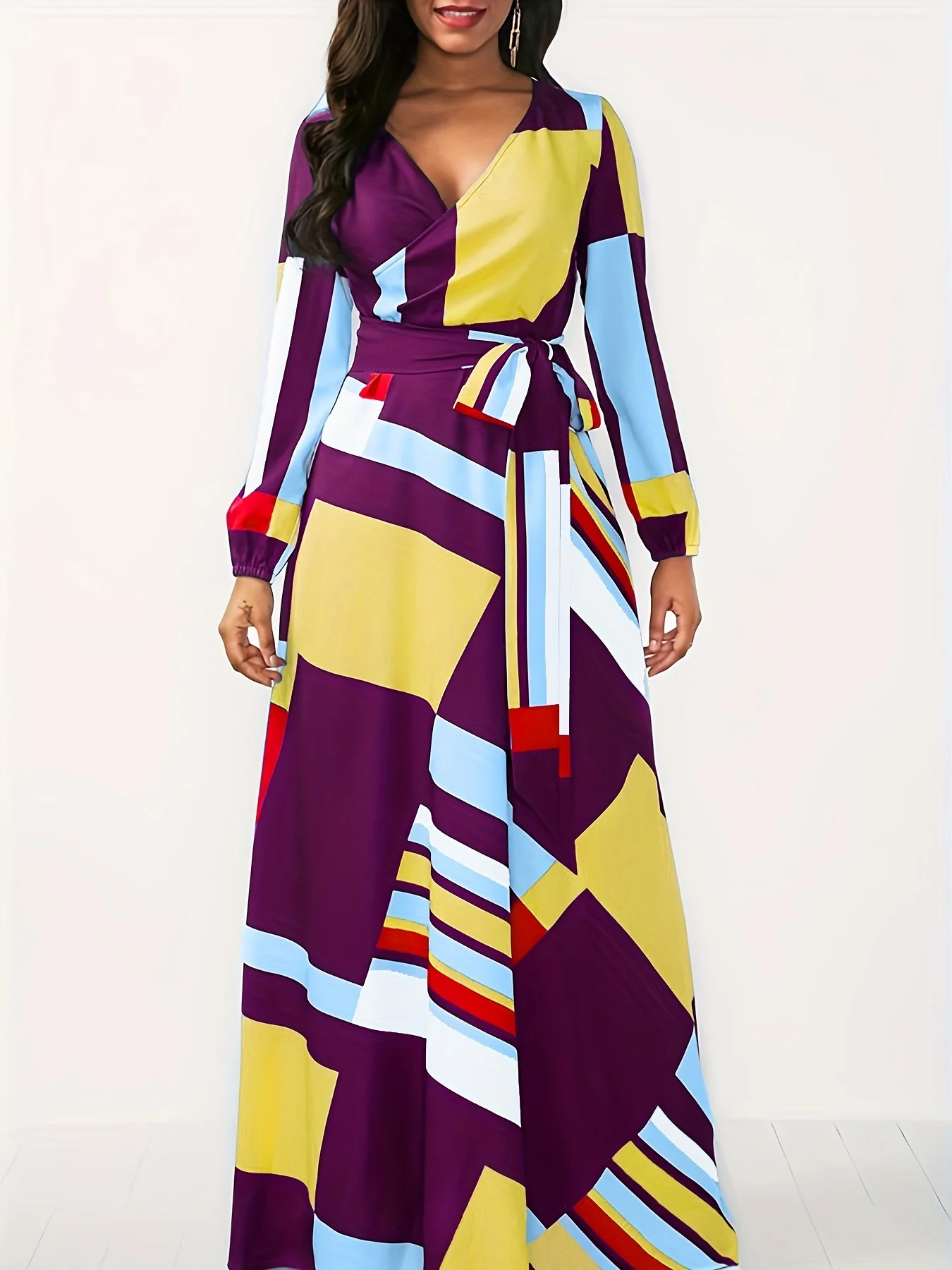 Plus Size Sexy Dress, Women's Plus Random Geometric Print Long Sleeve V Neck Wrap Dress - Deanwangkt