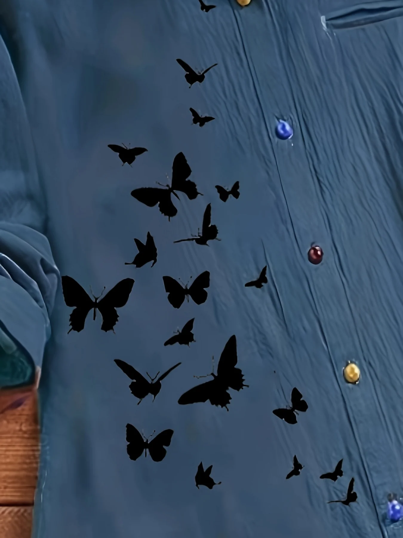 Plus Size Casual Shirt, Women's Plus Butterfly Print Roll Up Sleeve Stand Collar Button Up Blouse - Deanwangkt