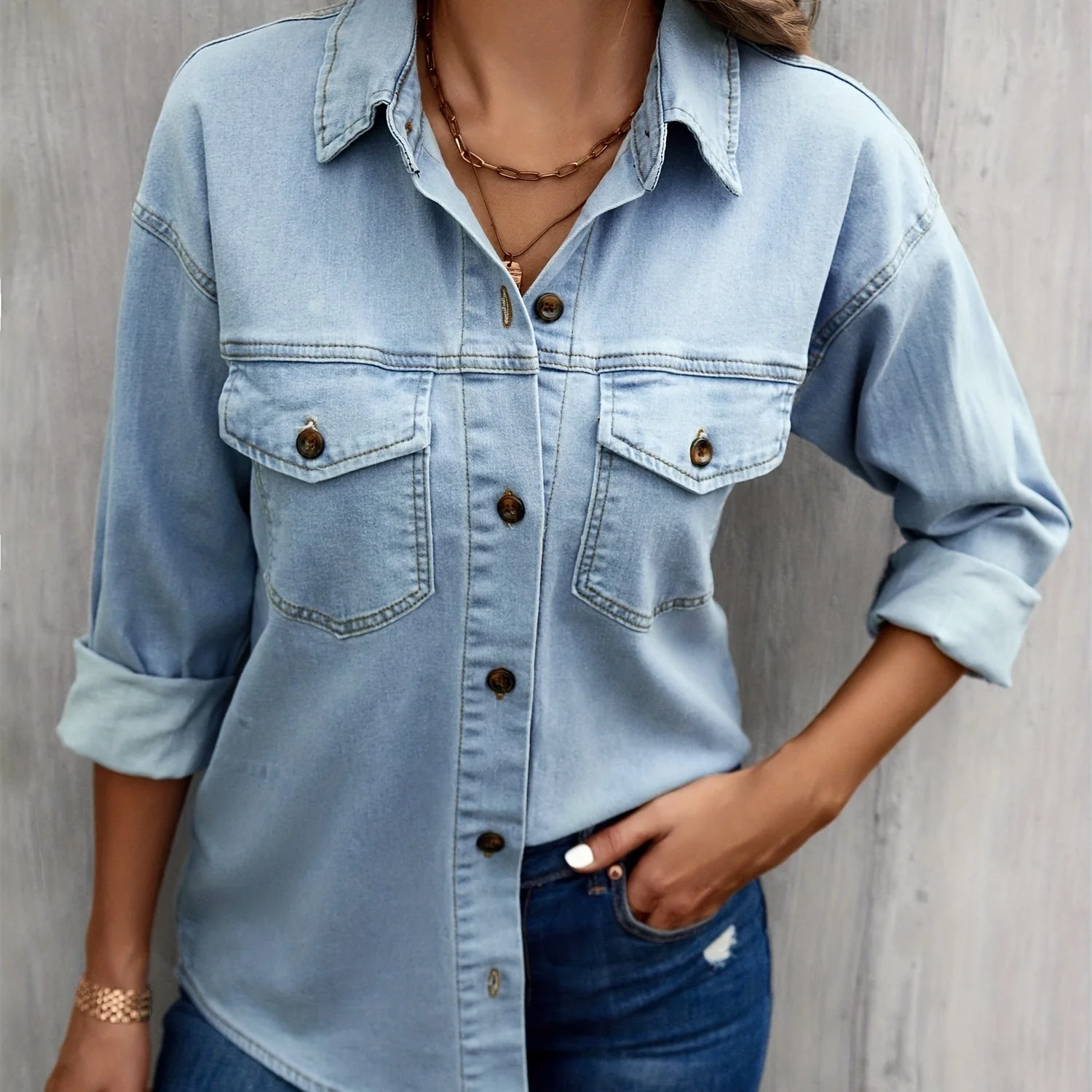 Blue Long Sleeves Denim Jackets, Flap Pockets Single-Breasted Button Lapel Denim Coats, Women's Denim Clothing - Deanwangkt