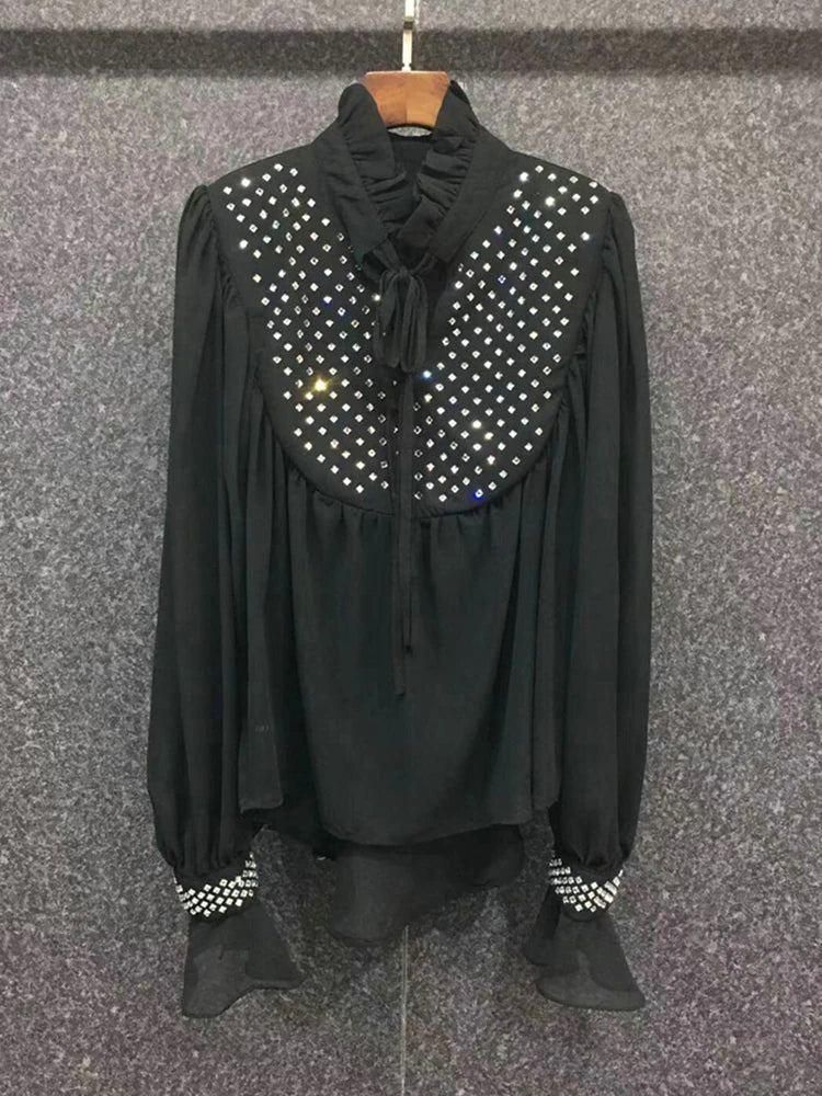 deanwangkt Patchwork Diamond Shirt For Women Stand Collar Long Sleeve Straight Button Through Blouse Female Fashion Clothing - Deanwangkt