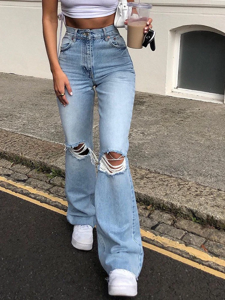 deanwangkt Blue Skinny Jeans Ripped Women Denim Trousers Streetwear Distressed Capris Bell Bottom Jeans High Waist Woman Y2k Flare Pants - Deanwangkt