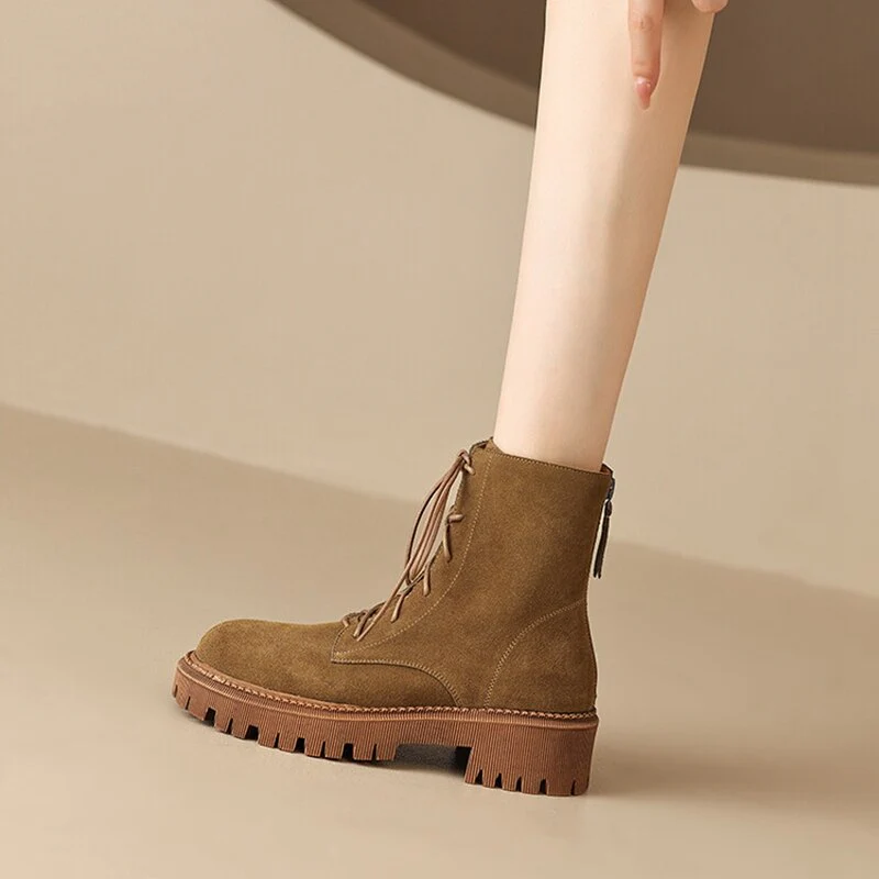 deanwangkt Autumn Boots     Autumn Women Boots Cow Suede Leather Boots Women Round Toe Chunky Heel Boots Winter Short Boots Casual Platform Shoes for Women - Deanwangkt