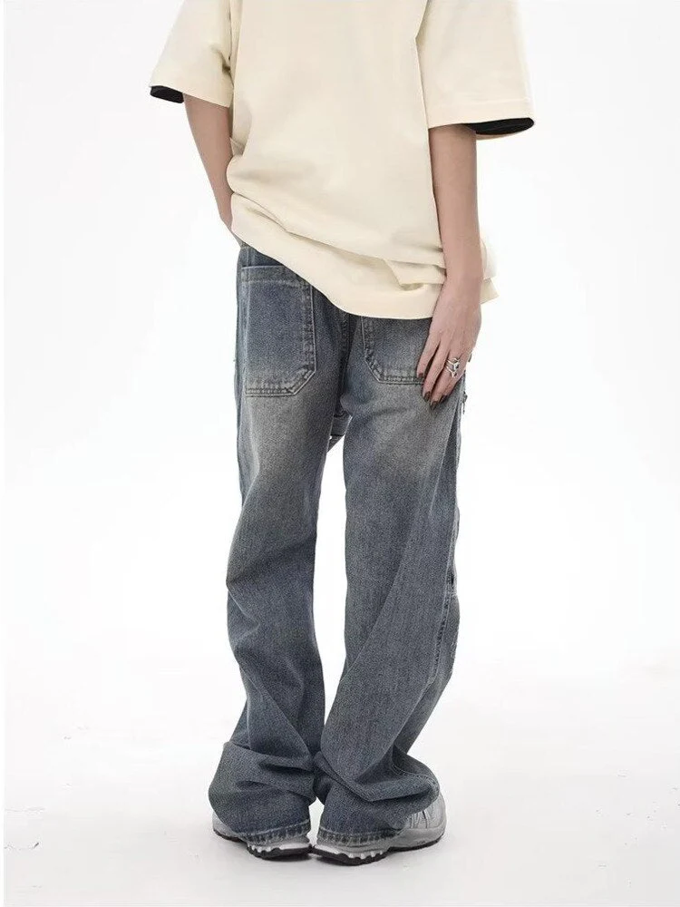 deanwangkt High Street Fashion Brand Made Old Wash Zipper Pocket Woodcut Jeans Vintage Loose Straight Leg Pants Women's Jeans - Deanwangkt