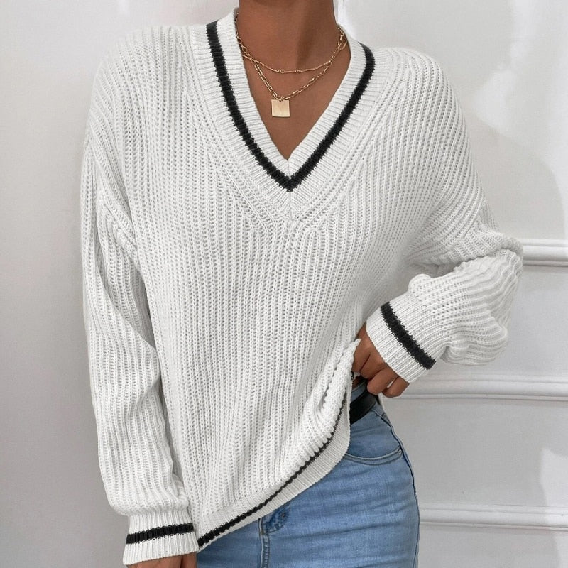 deanwangkt Casual Loose Knitted Sweater for Women Autumn Stripe V-Neck Sweater Winter Solid Soft Office Lady Pullover Fashion Jumper - Deanwangkt