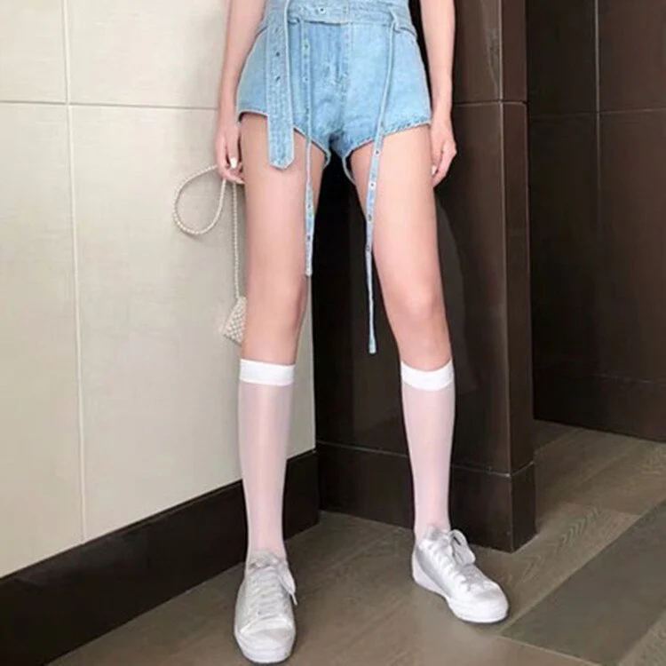 deanwangkt Japanese Reflective Stockings Bandage Lolita Socks Long Knee Socks Korea Style Women White Cotton Socks Cosplay JK Socks Cute - Deanwangkt