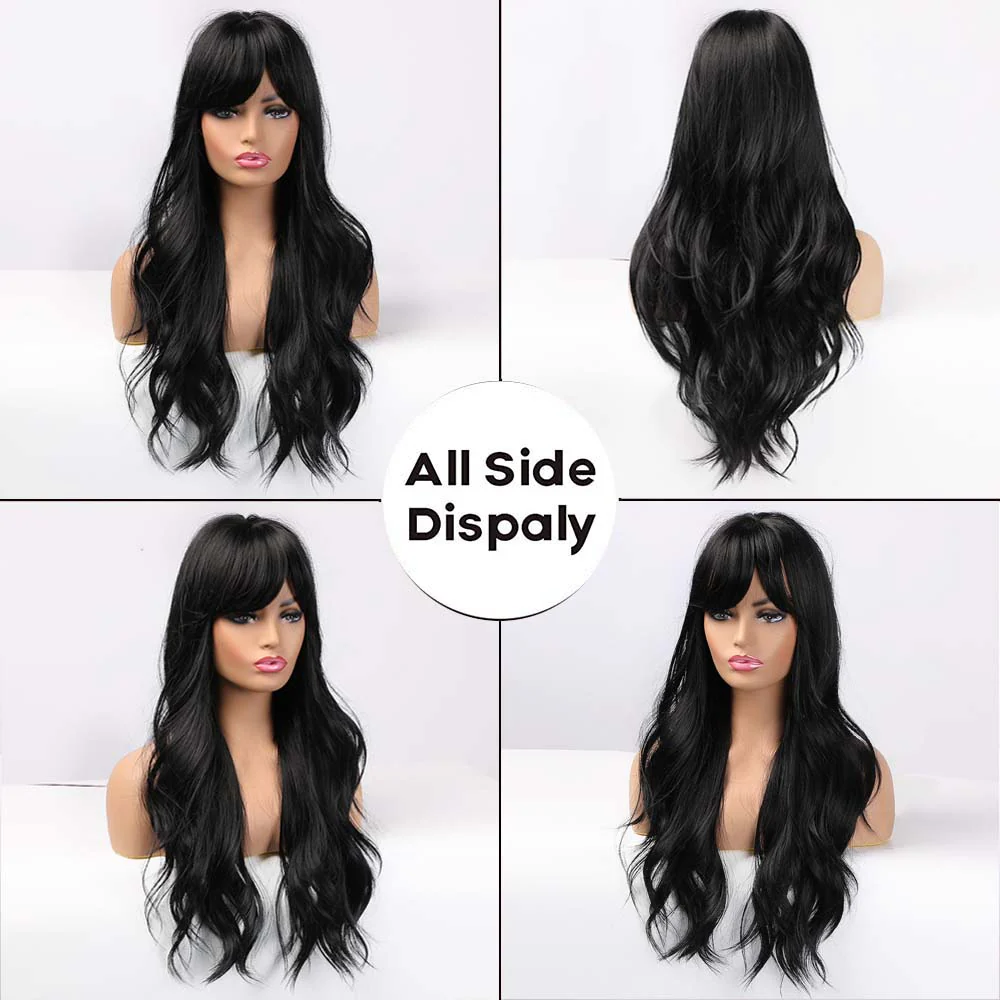 deanwangkt  Long Black Wigs Cosplay Body Wave Synthetic Wigs With Bangs For White/Black Women Brazilian American Natural Hair - Deanwangkt