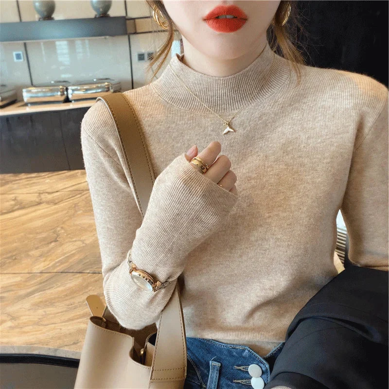 deanwangkt Autumn Winter Women Mock neck Sweaters Pullover Tops Knitwear Fashion Female Long Sleeve Skinny Elastic Casual Knitted Shirts - Deanwangkt