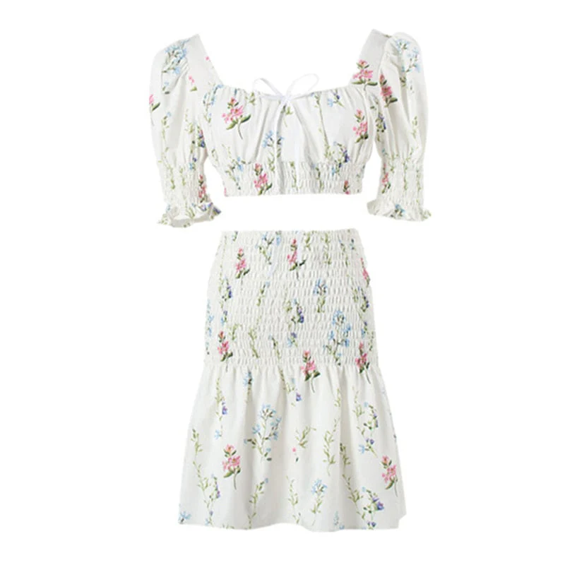 deanwangkt Women Set Boho Sew Summer Sexy Women 2 Two Piece Set Crop Top High Waist Mini Skirt Suits Lady Chic Floral Bodycon Party Clothes Fairy Dress - Deanwangkt