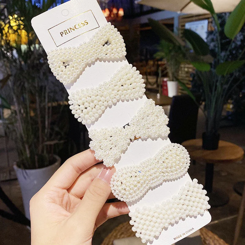 3/4/5pcs/Set Women Girls Elegant Full Pearls Geometric Hair Clips Sweet Hair Ornament Hairpin Barrette Headband Hair Accessories - Deanwangkt