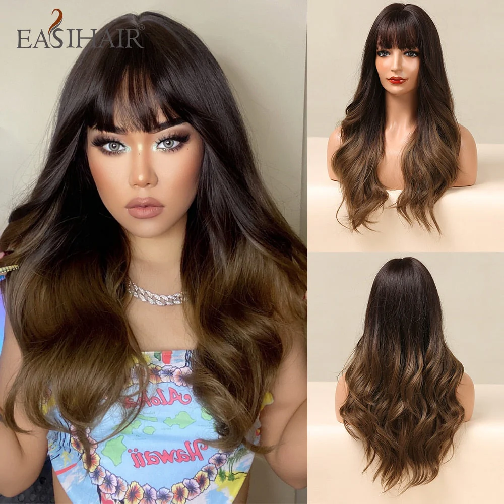 deanwangkt  Long Black Wigs Cosplay Body Wave Synthetic Wigs With Bangs For White/Black Women Brazilian American Natural Hair - Deanwangkt