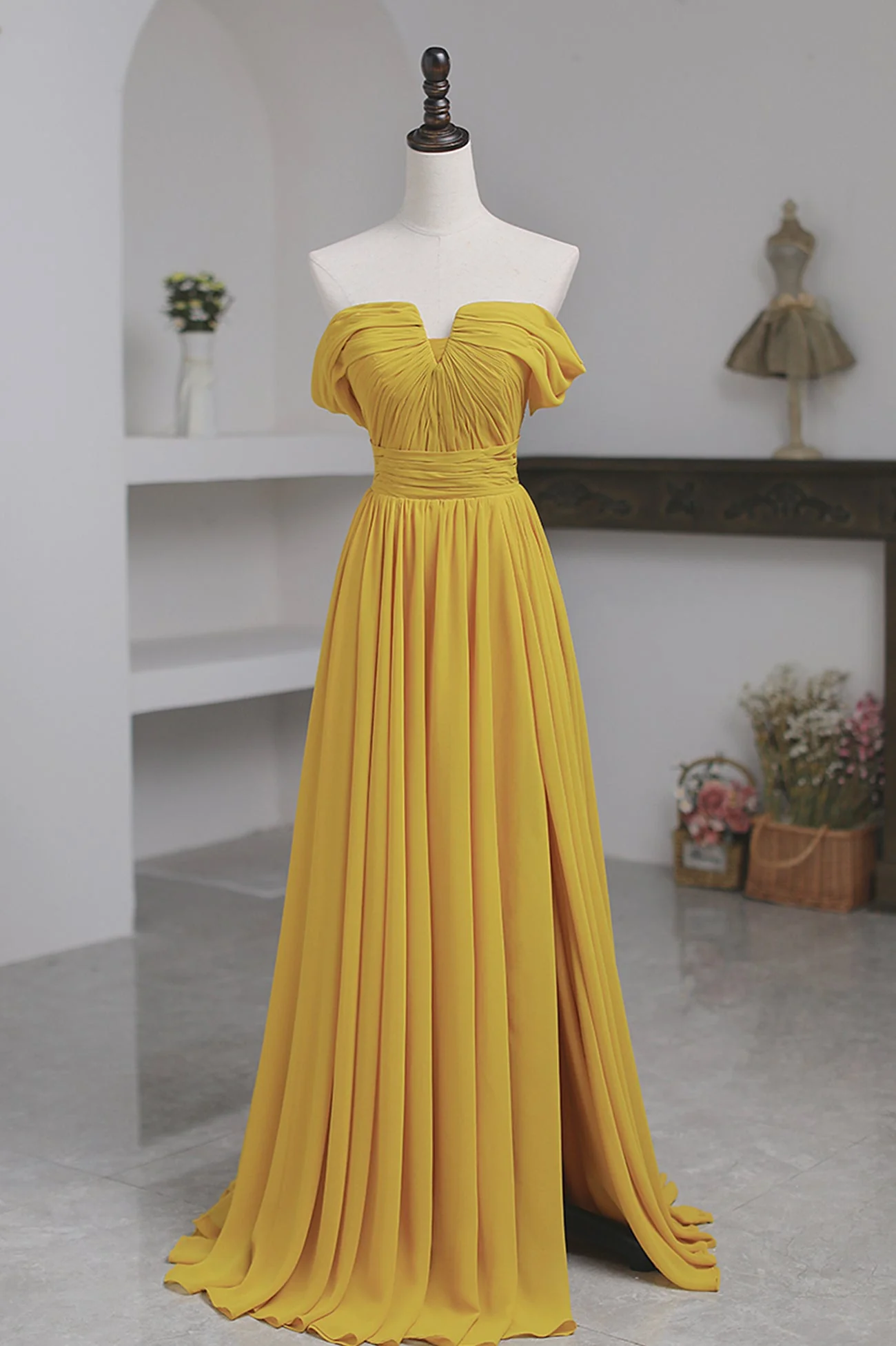 solvbao Yellow Chiffon Long Prom Dress, A-Line Off the Shoulder Evening Dress - Deanwangkt