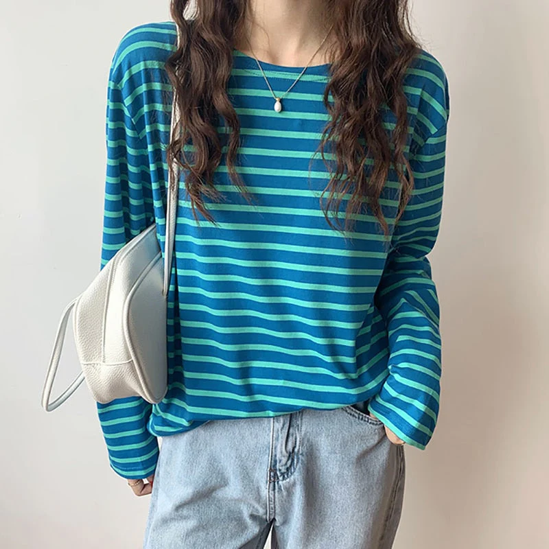 Wenkouban Women's Cotton Striped Top O Neck Loose Casual All-Match T Shirts Female Long Sleeve Basic Fashion Korean New Tees T-Shirt Femme - Deanwangkt