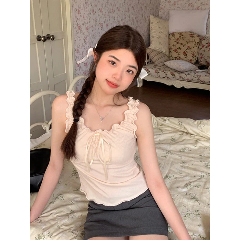 Edible Tree Fungus Y2K Summer Tank Top Solid Hotsweet White Sweet Women Sleeveless Camis Bottoming Korean Ballet Vest Bandage - Deanwangkt