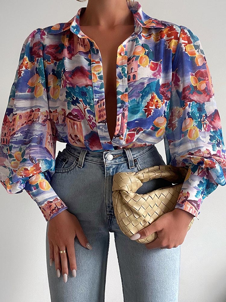 deanwangkt Women's Floral Print Puff Sleeve Shirt Female Elegant Casual V Neck Shirts Spring Summer Fashion Office Ladies Tops Blouses - Deanwangkt