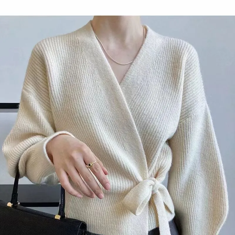 deanwangkt Early Autumn Bow Tie V-Neck Knit Women's Short High Waist Cardigan Sweater Coat Overlay Design Sense Top - Deanwangkt