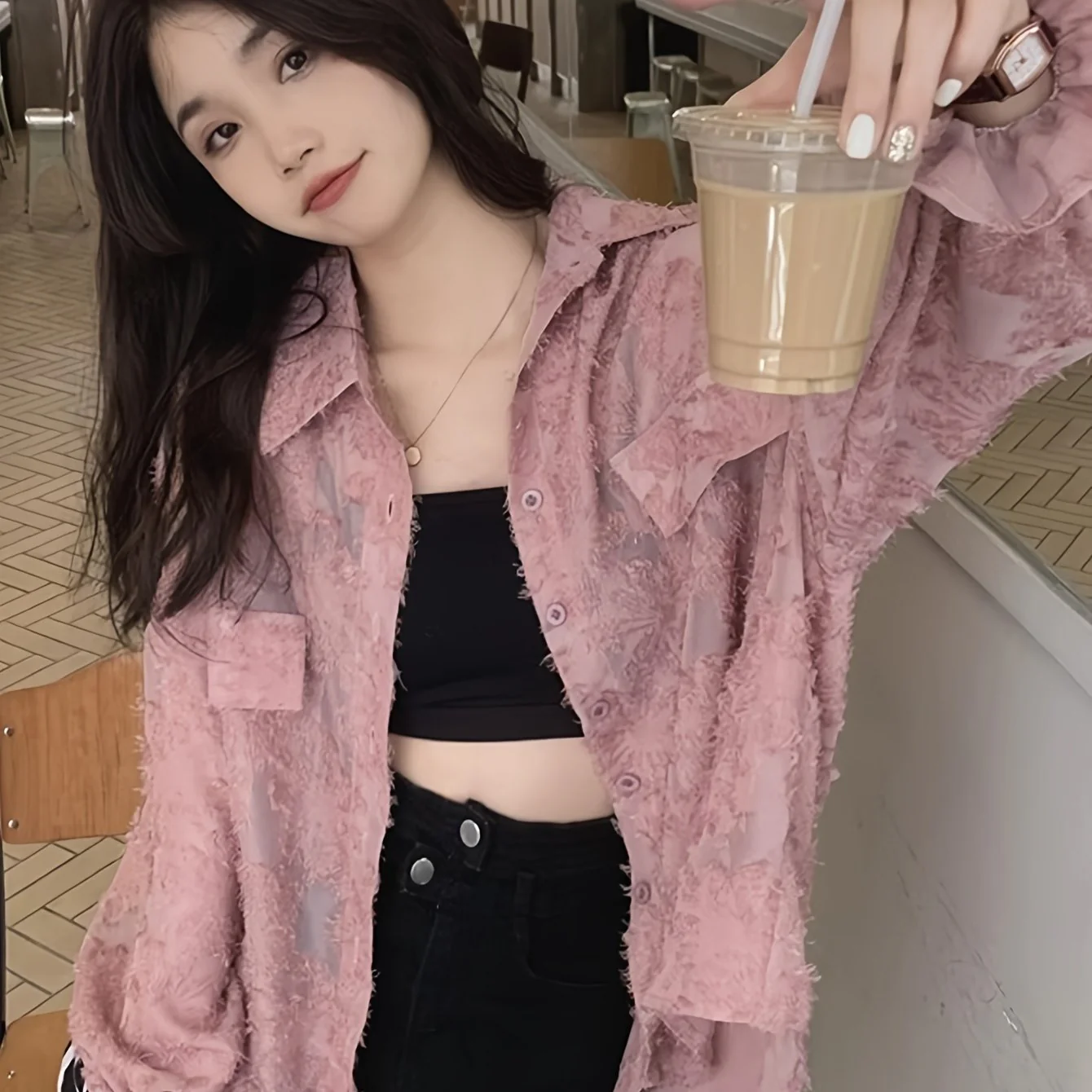 deanwangkt  Button Front Textured Shirt, Casual Long Sleeve Shirt For Spring & Fall, Women's Clothing - Deanwangkt