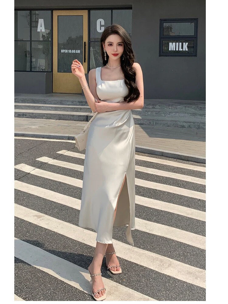 deanwangkt Summer Fashion Women Elegant White Satin French Dress Sexy Square Collar Silk Long Bodycon Dress Wedding Cocktail Prom Dresses - Deanwangkt