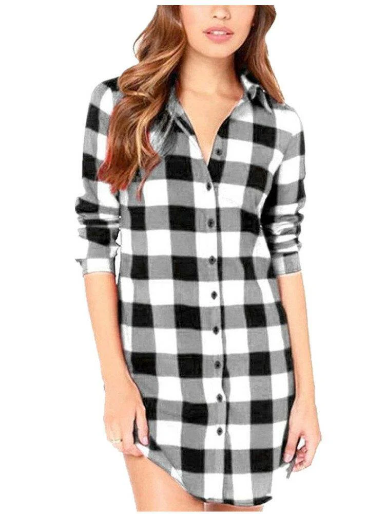 deanwangkt Women Plaid Casual Loose Fit Simple Long Sleeve Shirt - Deanwangkt