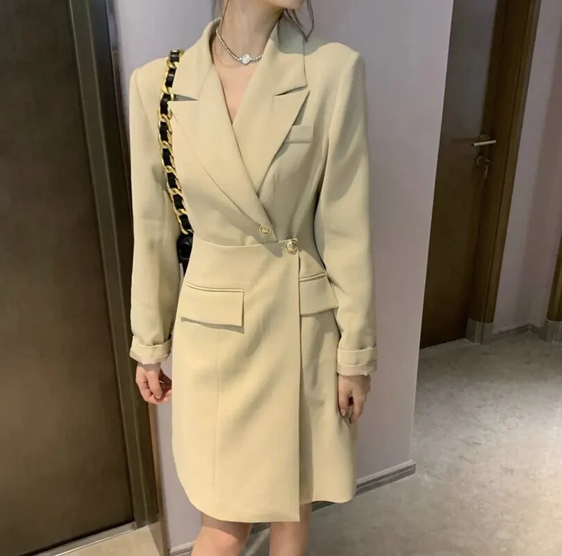 deanwangkt Korean Chic Solid Short Dresses for Women  Autumn New Fashion Long Sleeve Notched Slim Office Lady A-line Female Clothing - Deanwangkt