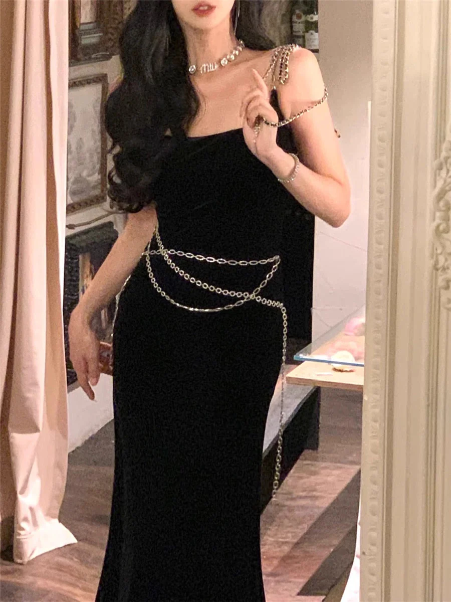 Joskka Mermaid Dress Velvet Women Autumn  New Fashion Elegant Evening Party Korean Female Summer Slim Black Dresses French Clothes Hoco Dress - Deanwangkt