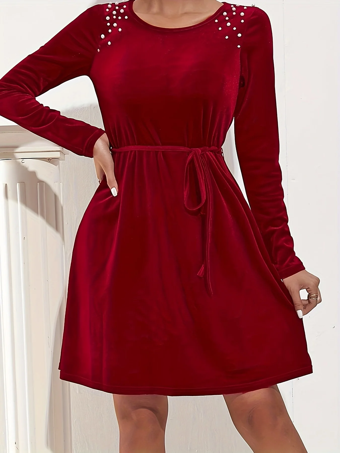 deanwangkt-1  Solid Beaded Velvet Dress, Elegant Tie Waist Long Sleeve Dress For Party & Banquet, Women's Clothing - Deanwangkt