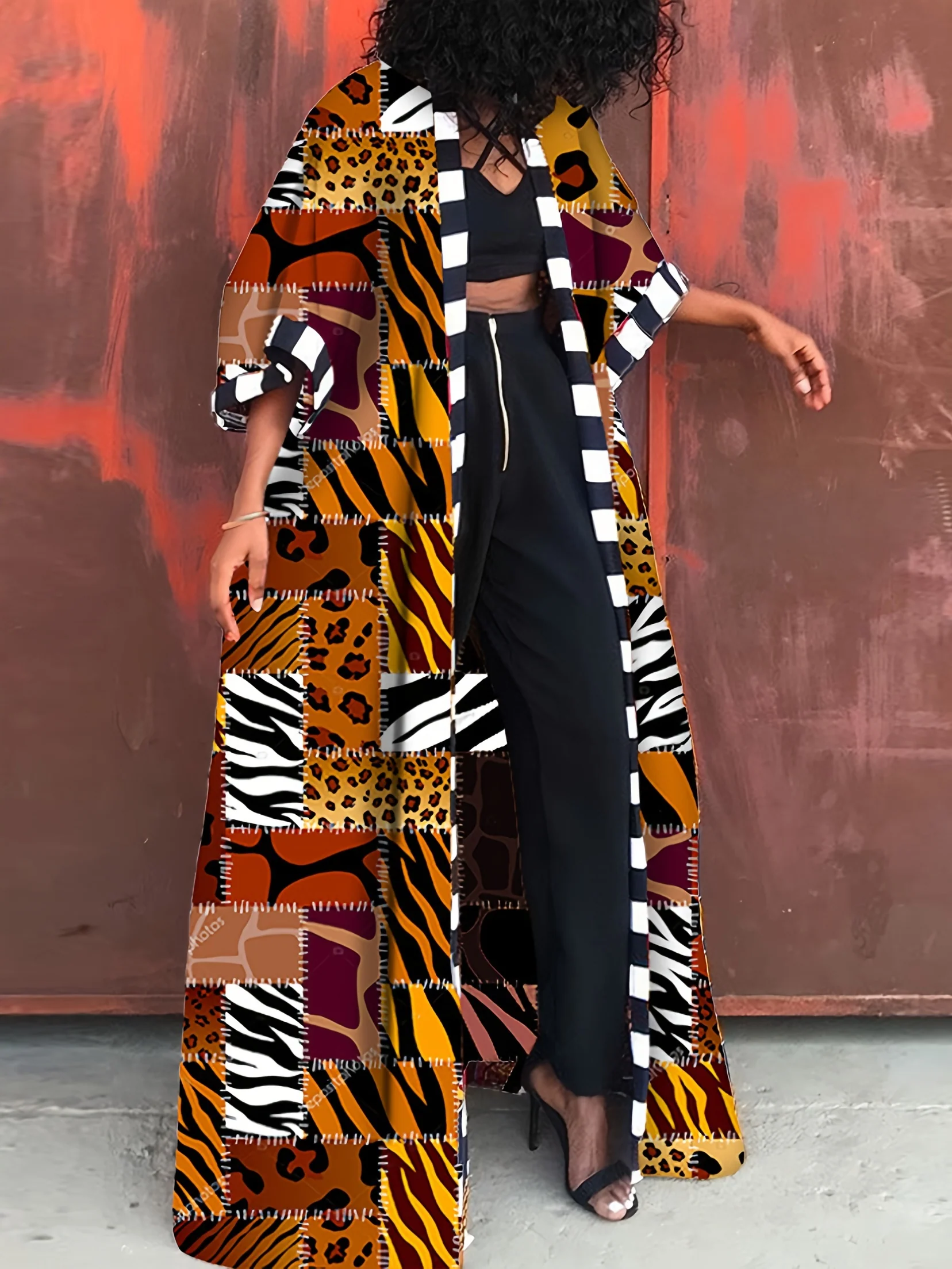 Allover Print Open Front Cardigan, Three-quarter Sleeve Maxi Length Cardigan, Women's Clothing - Deanwangkt