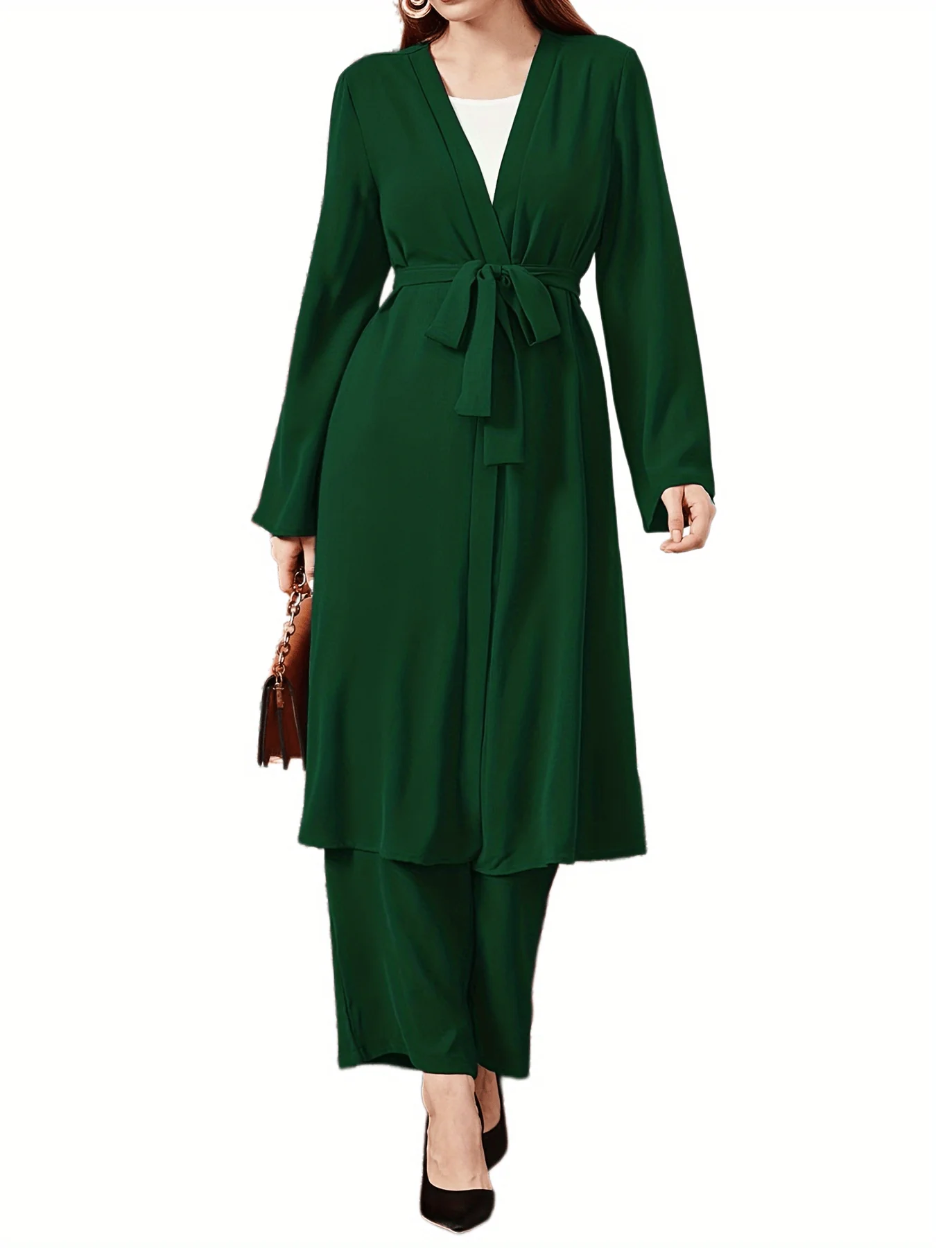 deanwangkt-1  Solid Casual Three-piece Set, Long Sleeve Open Front Cardigan & Crew Neck Tank Top & Wide Leg Pants Outfits, Women's Clothing - Deanwangkt